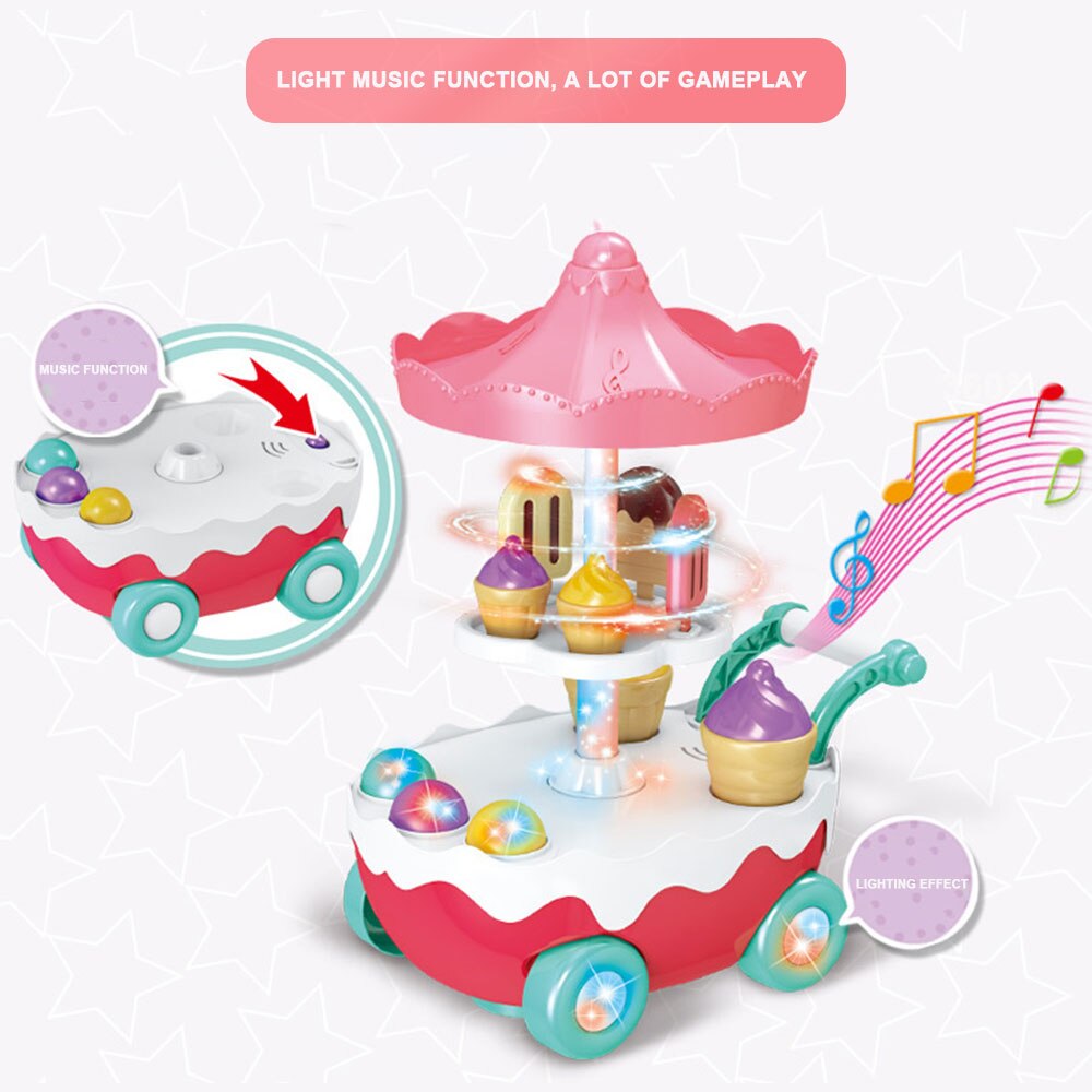 Simulation Ice Cream Trolley Rotary Electric Light Music MultifunctionUtility Universal Wheel Pretend Play House Toy LED