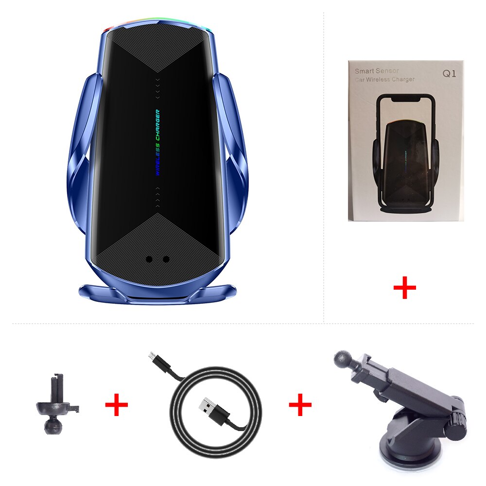 Qi Caricabatteria Da Auto Senza Fili 15W Automatica Morsetto Carica Rapida foriphone 11 pro forHuawei P40 pro Mate30 pro Sensore A Infrarossi supporto: Blue add suction