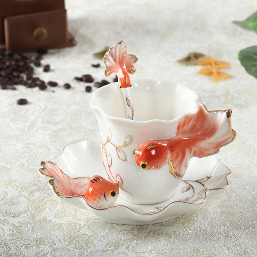 Emaille Porseleinen Kop &amp; Schotel Set Art Keramische Thee Koffie Cup Vis Porselein Thee Set Met Lepel Voor Ontbijt Thuis keuken: Orange red
