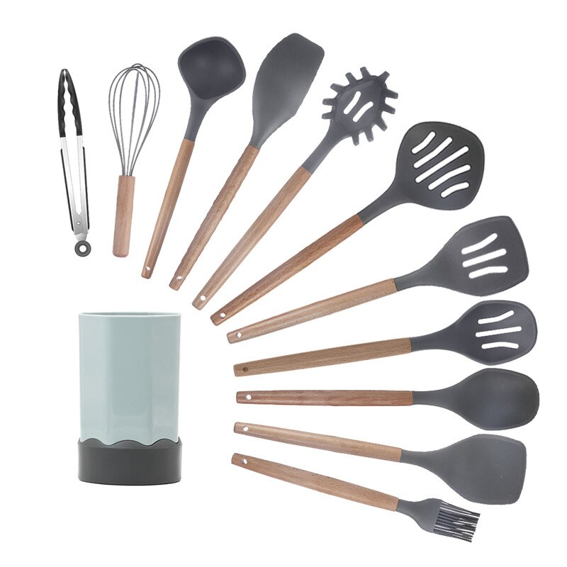 Juego de utensilios de cocina de silicona, cocina antideslizante con mango de madera con cubo de almacenamiento, cuchara, utensilios de cocina creativos