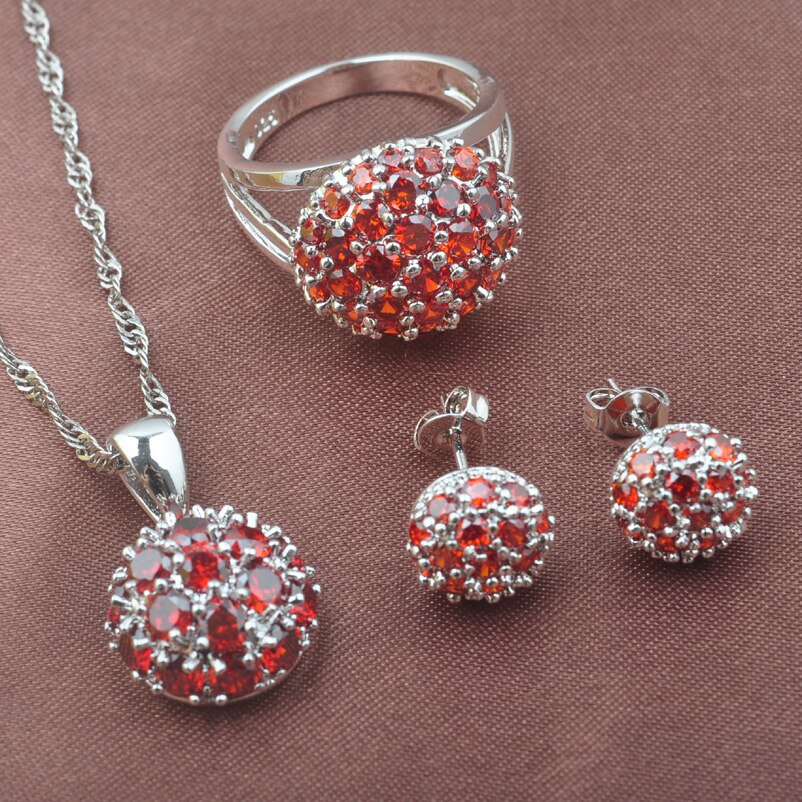 Red Zirconia Women's Silver Color Jewelry Sets Necklace Pendant Earrings Ring TZ0550