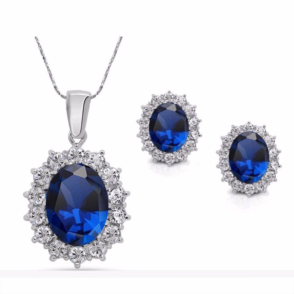 Vienkim Mode Blauw Zilver Kleur Crystal Sieraden Set Luxe Vintage Partij Water Cz Ketting &amp; Oorbellen Fijne sieraden