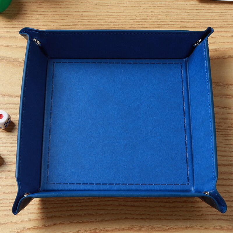 Klapp Dice Tray Box PU Leder Viereck Würfel Schlüssel Brieftasche Münze Lagerung Box Bord Spiele Tablett mit 9 Farben: Blau