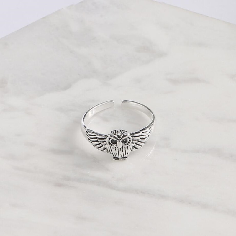Anillo de plata de primera ley con forma de búho para mujer, sortija, plata esterlina 925, estilo Retro, personalidad, estilo literario, , apertura de tamaño variable, SRI114