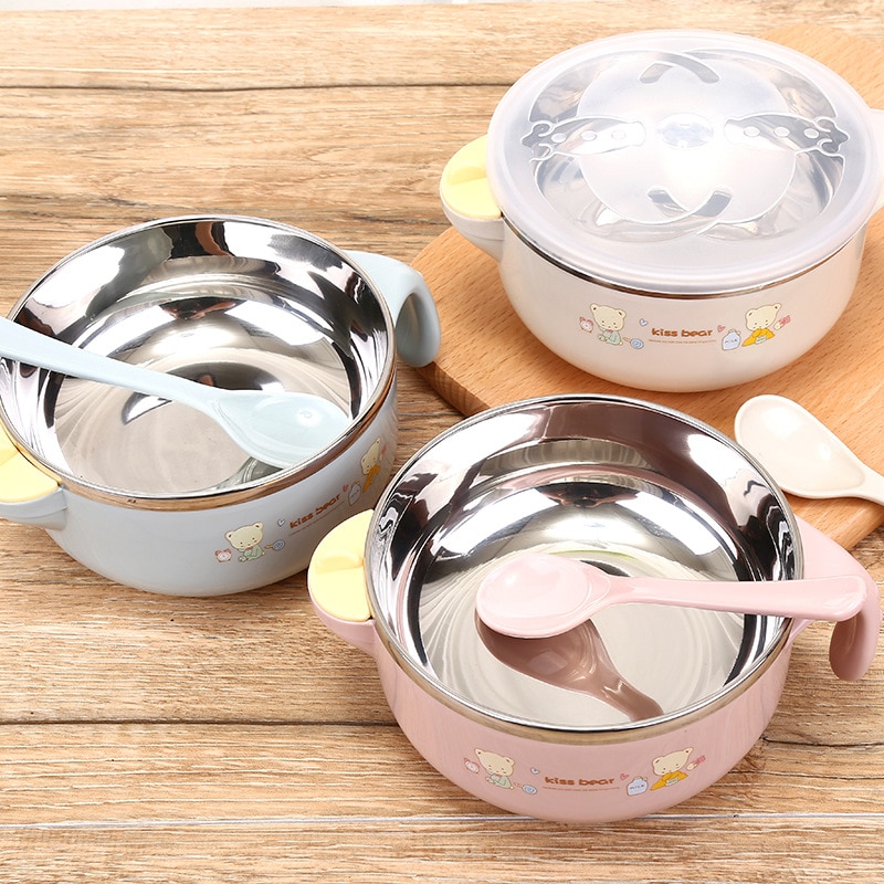 Baby Rvs Thermische Kom Peuter Servies Servies Zuig Kom Met Lepel Kids Veiligheid Diner Voerbak Gerechten