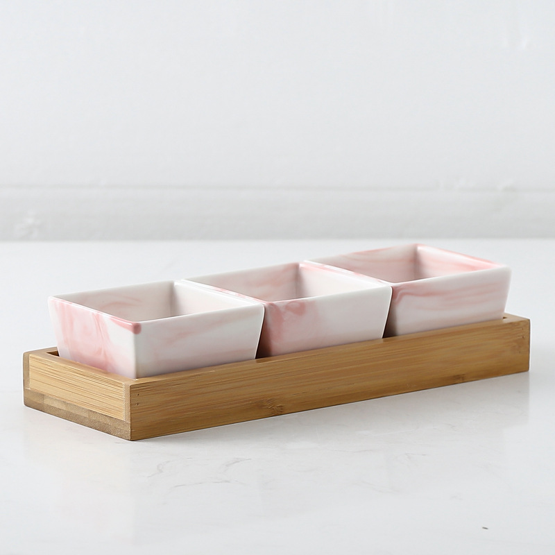 Marmor fruktfat keramik fat tallrik porslin snacks godis nötter desserter eko naturlig serverings bambu bricka set salladsskål: 3 rutnätrosa