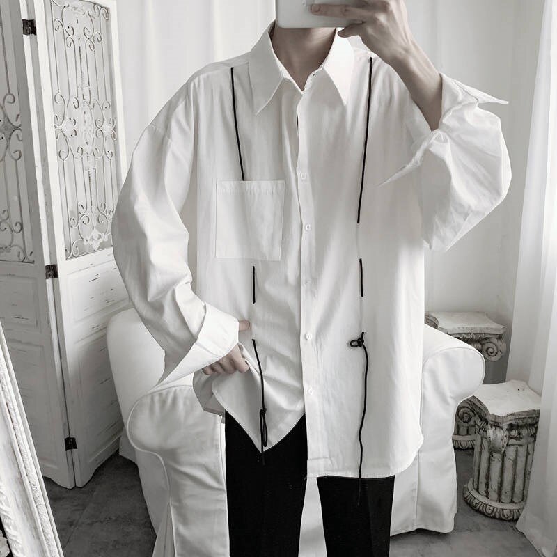Herreskjorter med lange ærmer afslappet plus størrelse 2xl oversize løs smart harajuku streetwear bf ins parskjorte: Hvid / M
