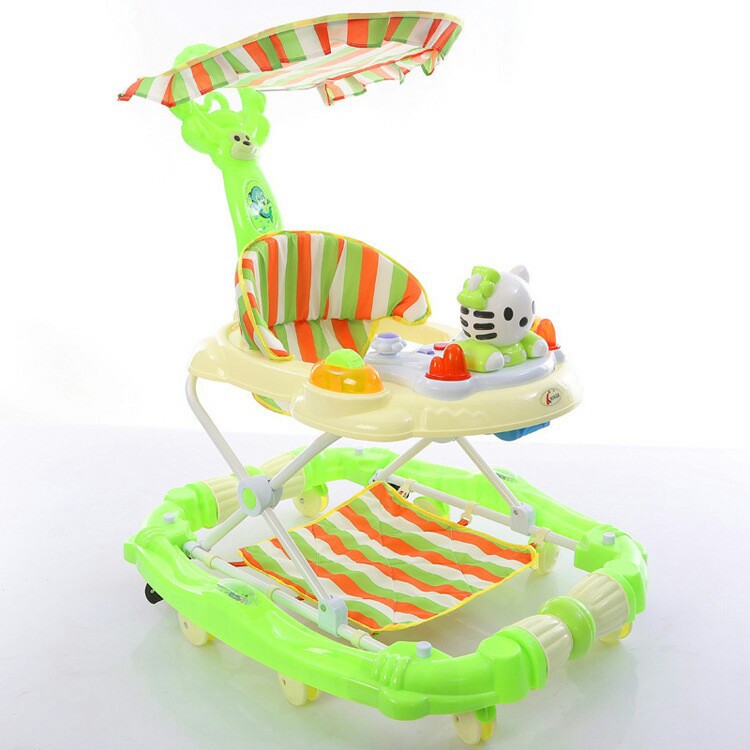Baby Walkers Help Car Side Children Turn Multi-function Folding Music Rocking Horse with A Undertakes: green kitten