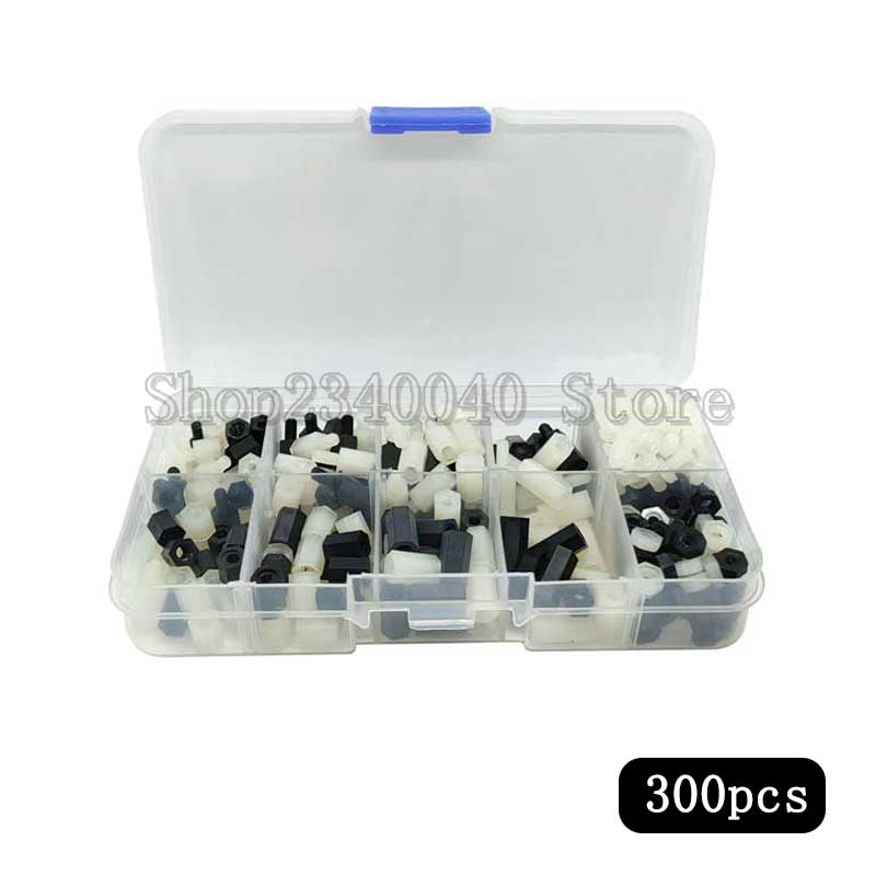 300pcs/set M3 Nylon Screw White/Black Female Male Hex Nylon Standoff Spacer Column Flat Head Nylon Plastic Spacing Screws Nuts