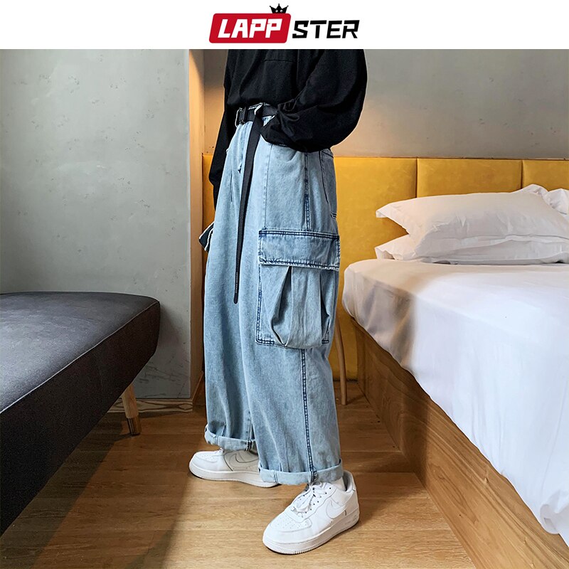 Lappster mænd sorte baggy jeans store lommer kpop hip hop harem bukser højtaljede vintage oversized denim bukser plus str.