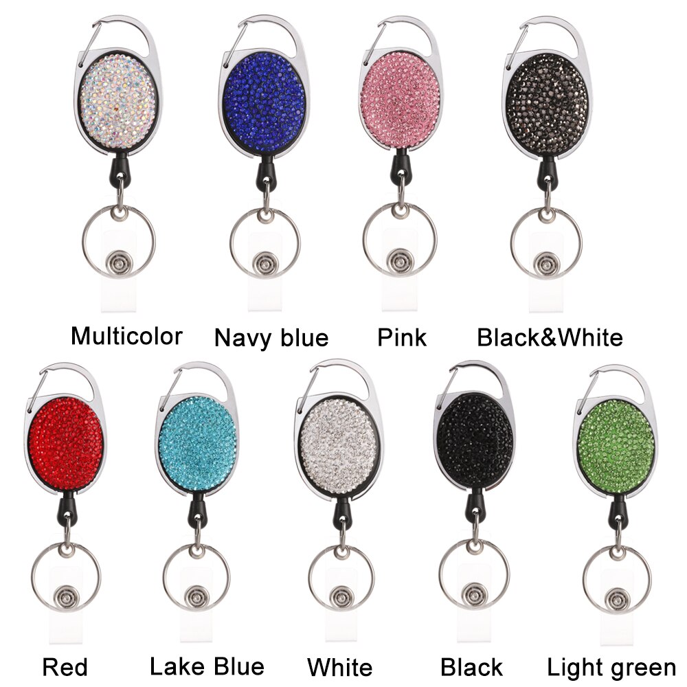 1Pc Shiny Intrekbare Reel Clip Diamant Badge Houder Id Card Key Ring Carabine Veerkracht Duurzaam Draagbare Riem Clips Roestvrij