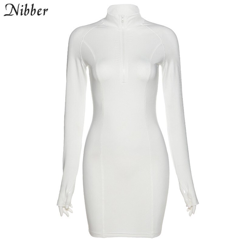 Nibber sport fritid stil fast glidelås høyhalset genser kjole kvinner grunnleggende gate aktivitet slitasje høst bodycon mini kjole kvinne: Hvit / L