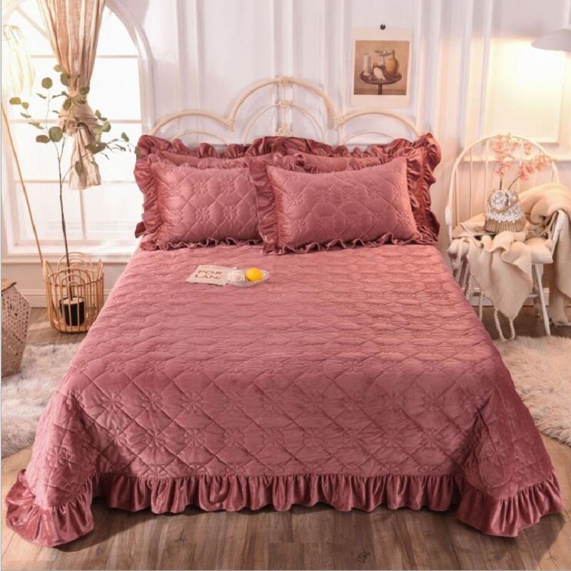 Crystal Fluwelen Dikker Sprei Hoeslaken Effen Kleur Warm Bed Cover Sprei (Of Kussensloop) King Queen Size Beddengoed