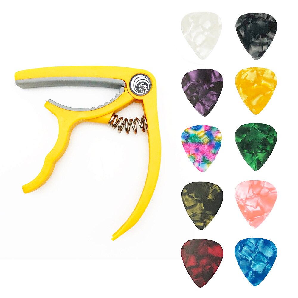 SLOZZ Plastic Guitar Capo + 10 Picks Mediator for Acoustic Electric Guitarra Capotraste Accessories 0.46 0.71 0.96 mm Thickness: Yellow Capo
