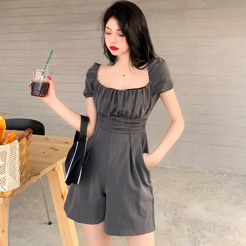 Mono plisado de verano para mujer, manga abombada corta, pantalones cortos de pierna ancha de cintura alta, monos con cuello cuadrado, mono sólido W799