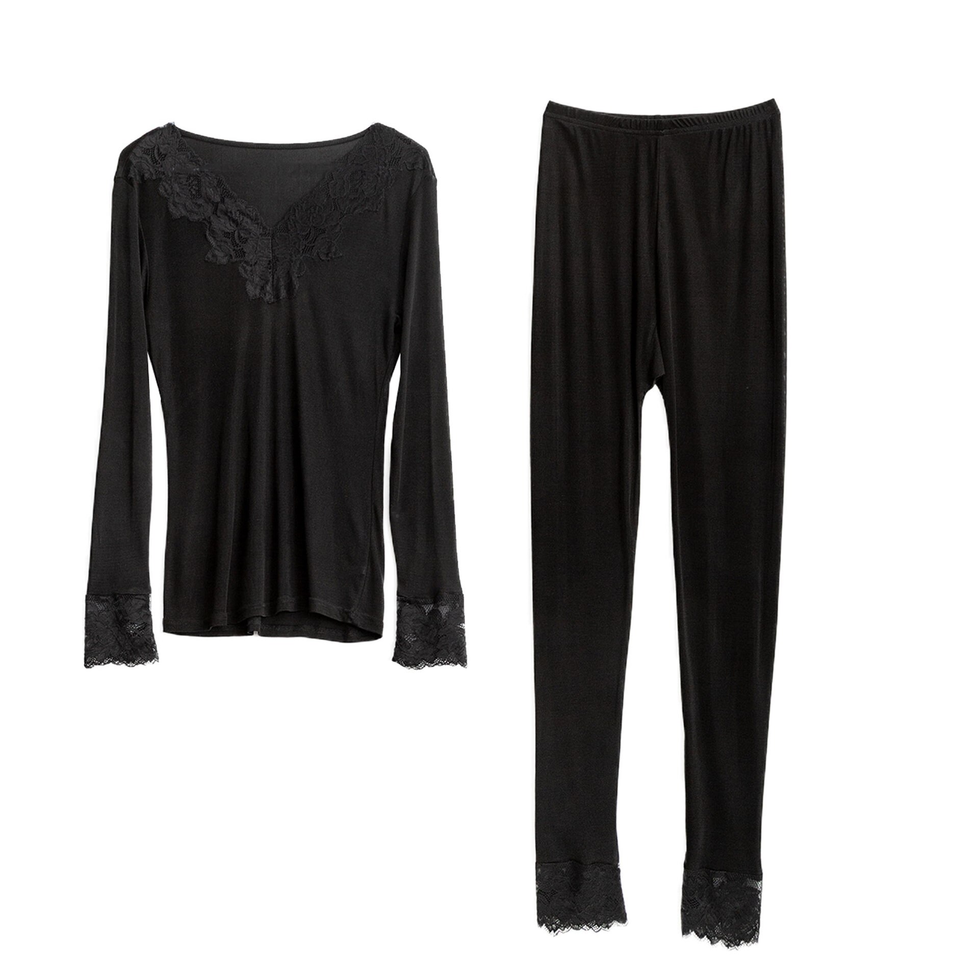 Women Autumn Winter Silk Long Johns Lace V neck Solid Knitted Thermal Underwear