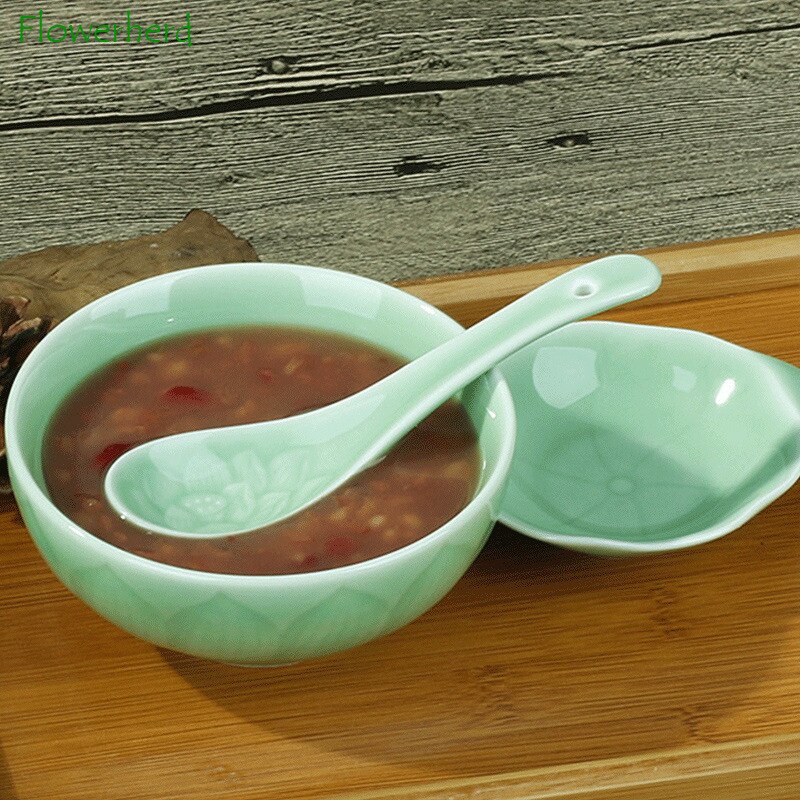 Household Rice Bowl Ceramic Bowl Chinese Style Authentic Longquan Celadon Bowl Lotus Microwave Suitable Tableware