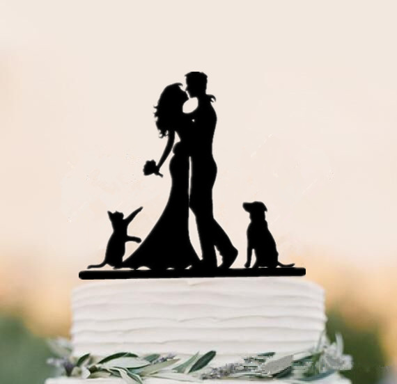 Blandet stil sort akryl brud og brudgom silhuet med kæledyr hund kat mr & fru toppers til bryllupskage dekorationstilbehør