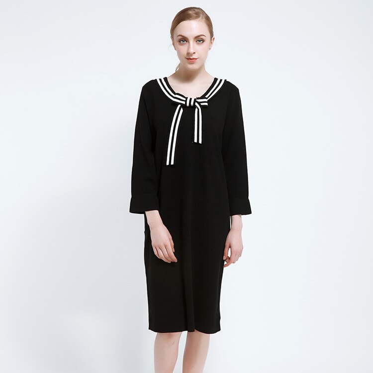 vrouwen Effen Knitwear Truien Jumpers V-hals Lange Trui Jurk Casual Gebreide Jurken Truien: Black