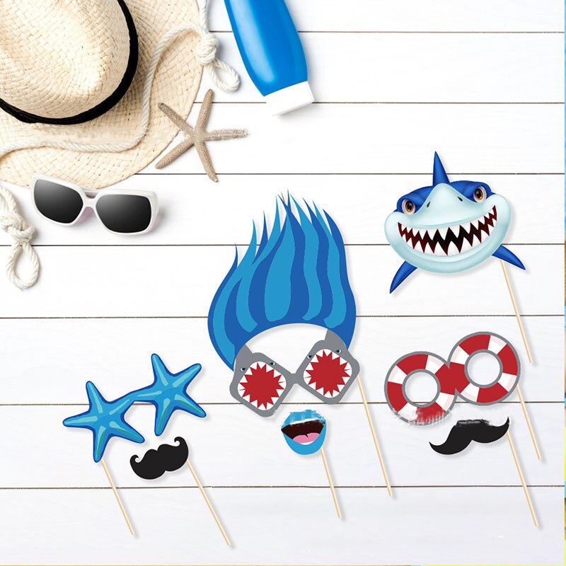 Accesorios de fotomatón de cumpleaños con temática de tiburón para adultos, niños y bebés, decoración de de feliz cumpleaños, accesorios de grabación de cámara, 25 piezas