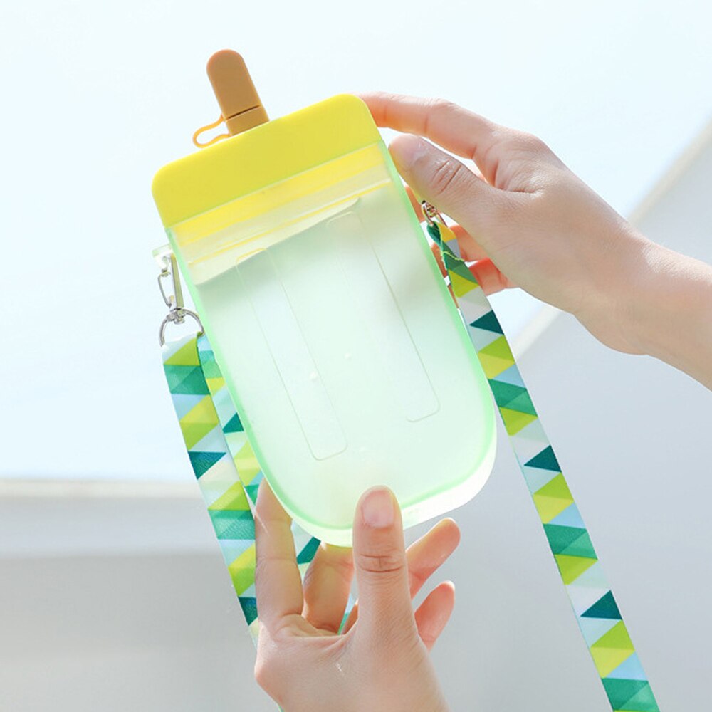 Cute Popsicle Ice Bar Water Bottle Transparent Juice Drinking Cup With Straw Strap Belt Popsicle Bottle With Straw Popsicle Wate