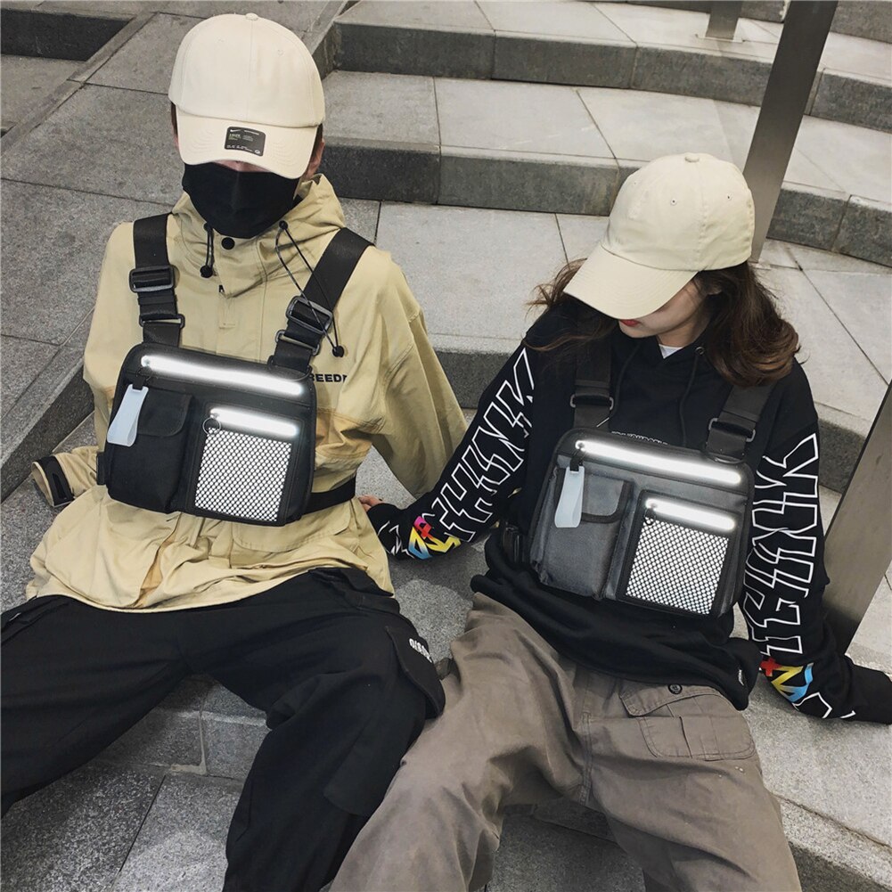 Multifunctionele oxford borsttassen heren dames hiphop streetwear vesten unisex gelaagde rits mesh splitszak