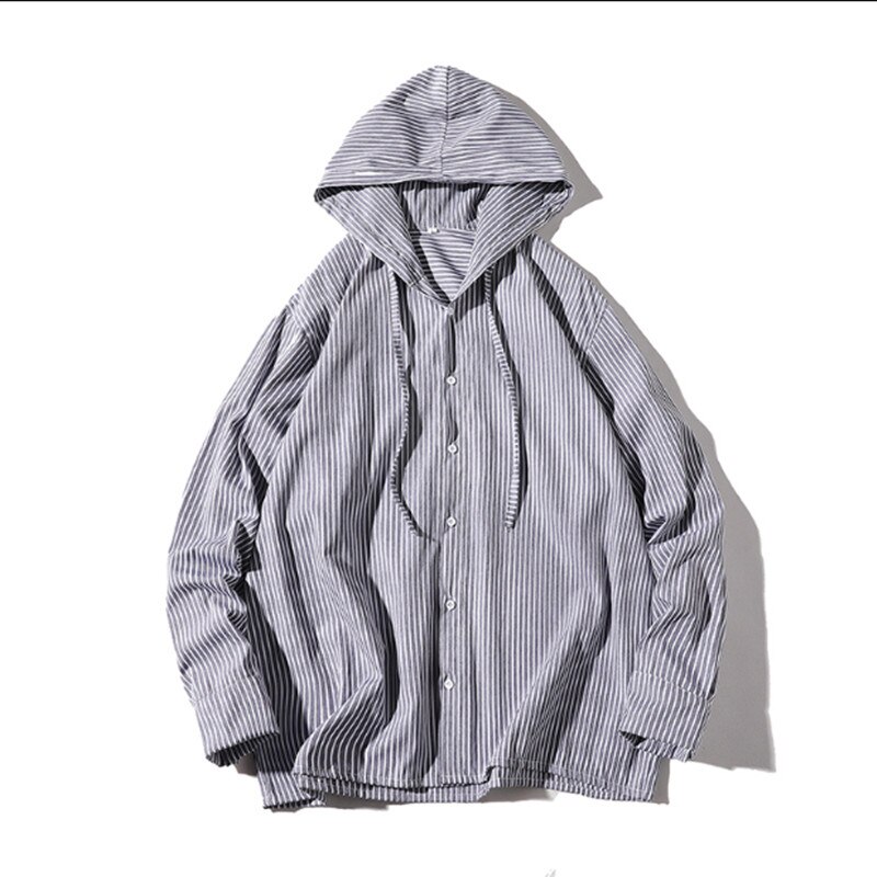 Chemise à capuche en coton pour homme, coupe ample, décontractée, à rayures, avec boutons, protection solaire,: Gray / XXL
