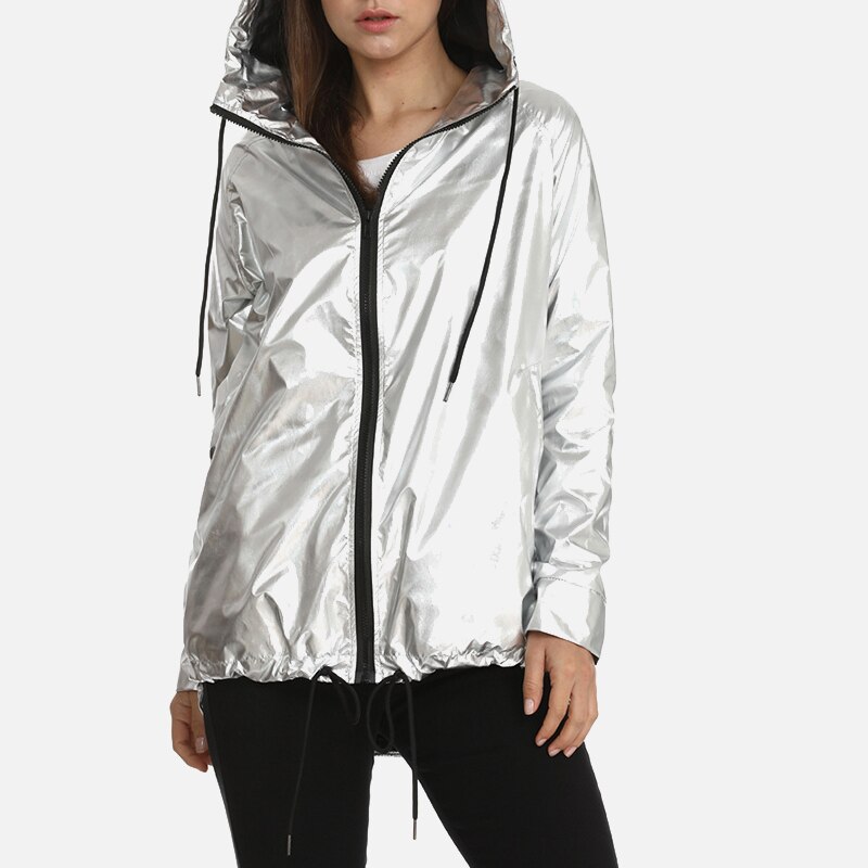Herfst Hooded Hiphop Metallic Jas Vrouwen Rits Goud Pvc Regenjas Unisex Lange Mouwen Waterdichte Jassen Streetwear: Zilver / XL