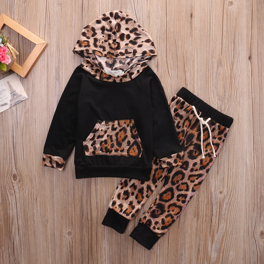 Nueva mezcla de algodón patrón de leopardo 2 uds chico bebé niño niña deportes Pullover con capucha abrigo pantalones conjunto ropa atuendo