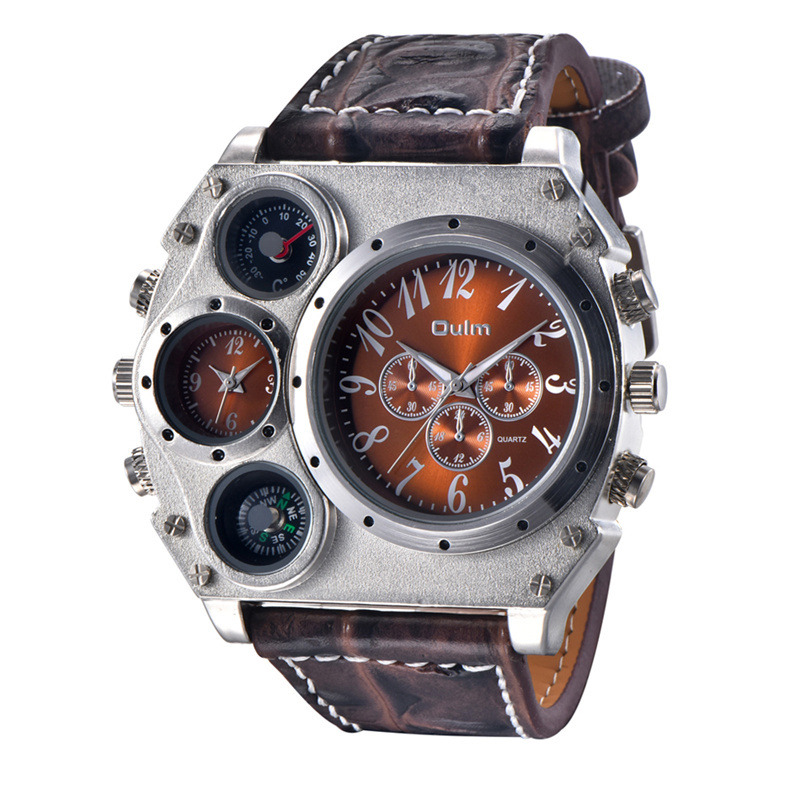 Oulm 1349 sportsure mænd super store store urskive hanskvartsur dekorativt kompas luksus mænds armbåndsur: Brun