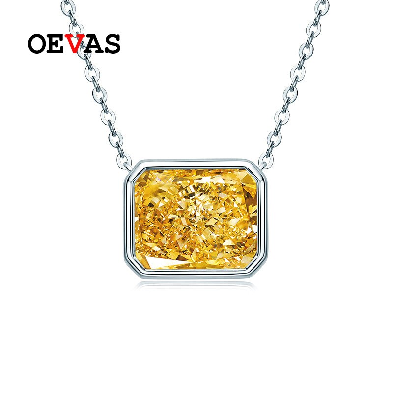 Oevas 100% 925 sterling silber 9*11mm gelbgoldene diamanten eisblumen-anhänger-halskette für damen, hochzeitsschmuck