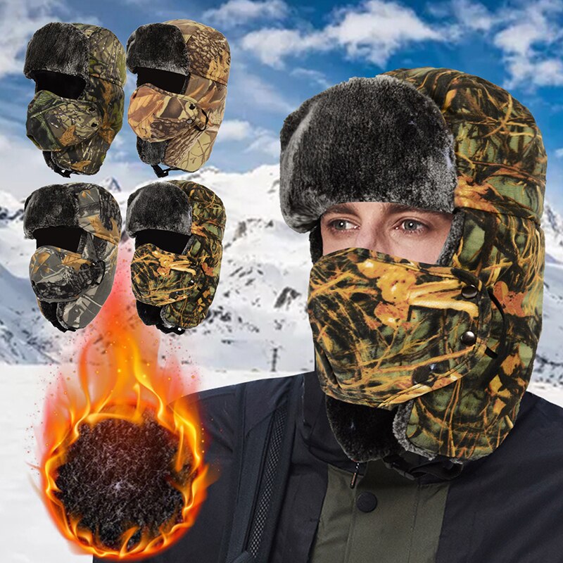 Herre camouflage vinter varm hat vindtæt hat cykling vindtæt ørebeskyttere ansigt ørebeskyttelse blødt hovedbeklædning med ansigtsdæksel