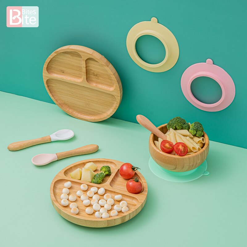 Bol en bambou d'alimentation pour bébé, cuillère anti-éclaboussures en Silicone assiettes à dîner pour bébé vaisselle pour nourrissons 3 pièces/ensemble