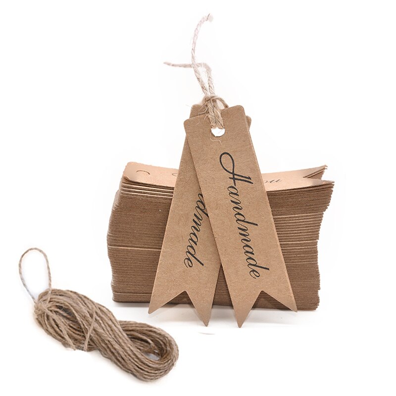 100 Uds. Etiquetas para colgar de papel Kraft blanco con etiqueta de cuerda etiquetas de productos para boda Favor galletas bolsa de dulces suministros de embalaje: B02