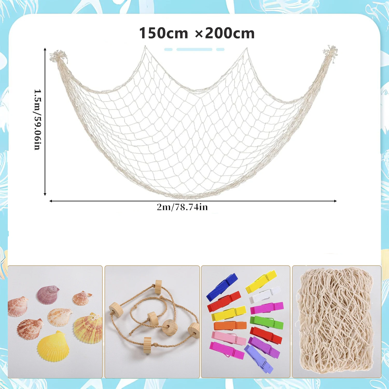 Fishing Net Decor Hanging Photo Display with Clips Nautical Wall Decor Fish Net Decorations for Party Hanging Picture Accessory: WHITE