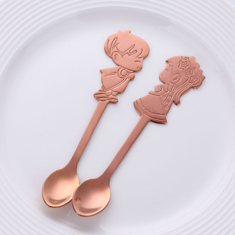 Cucharas de café románticas para pareja, cucharillas de té de colores, cubertería pequeña plateada, cuchara de postre de pastel dorado para I &amp; U, 2 uds.: Rose gold 1 set
