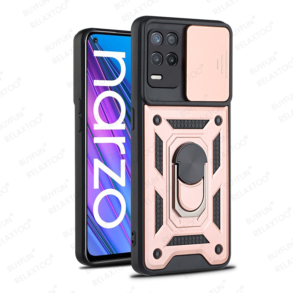 Pokrowiec na Realme Narzo 30 5G etui z pierścieniem uchwyt magnetyczny pancerz odporny na wstrząsy Coque Realmi Narzo30 5G 6.5 &#39;&#39;Push Camera Protect Funda: For Narzo 30 5G / Rose Gold-06