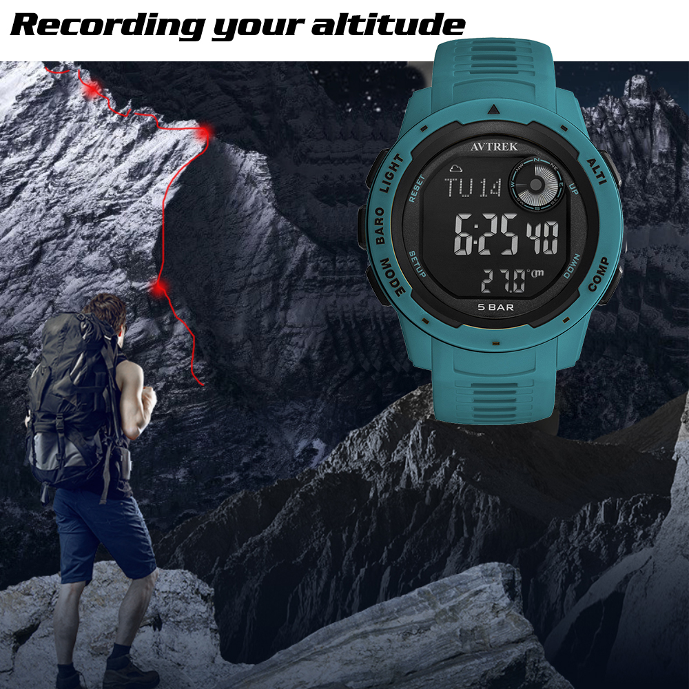 Avtrek Outdoor Digital Sports Watch Pedometer Men's Electronic Wrist Watches Compass Waterproof Hiking Climbing Tourist Watches