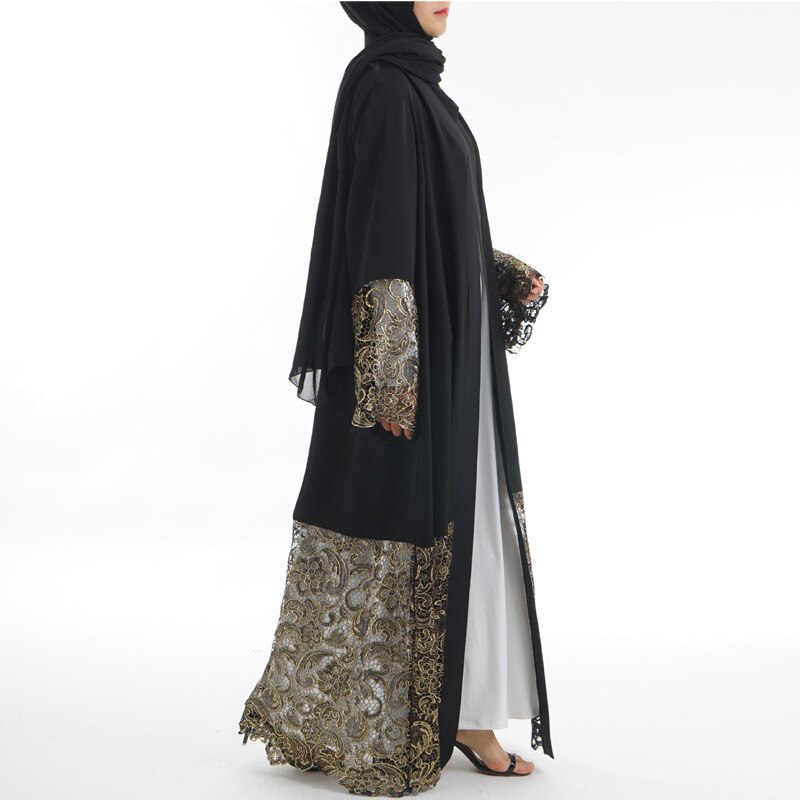 Femmes Robe musulmane dubaï Abaya noir dentelle Robe à manches longues Cardigan caftan Maxi robes vêtements islamiques SL1147