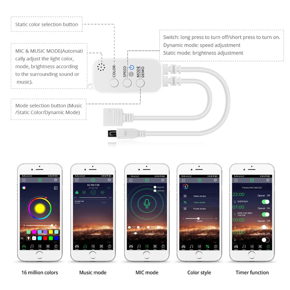 Bluetooth Smart Home LED Strip Lights Music Sync RGB Tape Built-in Mic IR Remote App Control Smart Lamp Ribbon For Kitchen TV