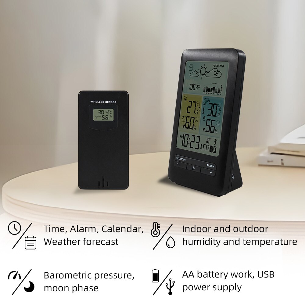 FanJu Digital Alarm Clock Weather Station Temperature Humidity Meter Barometor with Wireless Outdoor Sensor FJ3395D