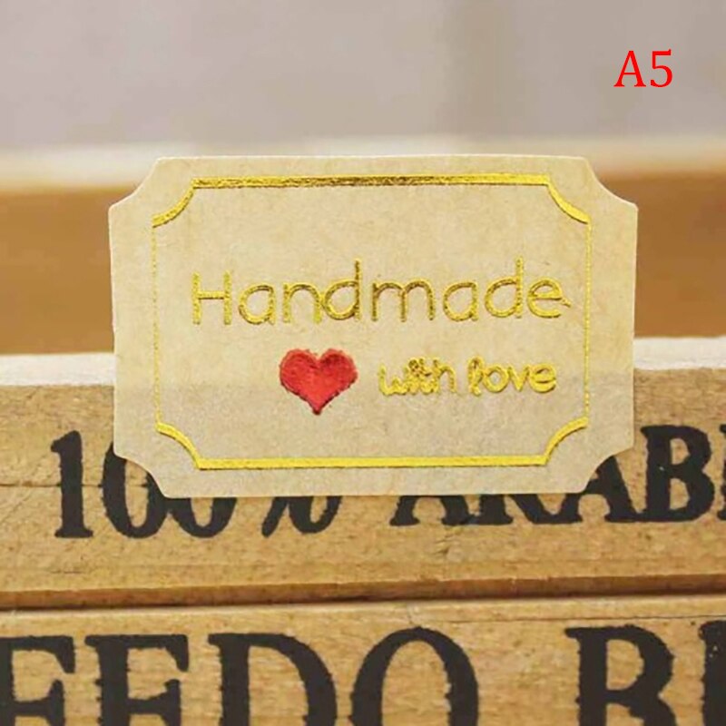 5 vellen = 100 stuks/partij bedankt en met liefde gemaakt, verklaring brief polygoon kraftpapier zelfklevende stickers verpakkingsetiket: A5