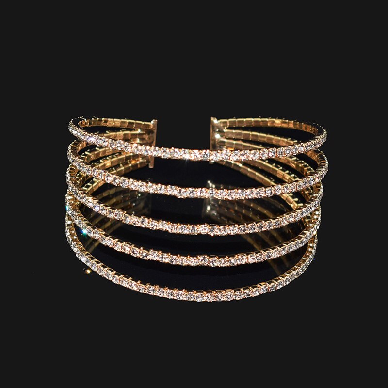 dame cristal ouvert Bracelets et Bracelets or argent plaqué Bracelet strass pour les femmes Bling mariage fête bijoux: 5 rows of gold