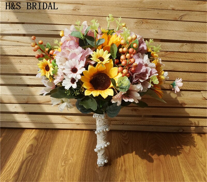 H &amp; S – bouquet de mariage avec poignée en dentelle, tournesol, fleurs de demoiselle d&#39;honneur jaunes, fleur artificielle de mariage