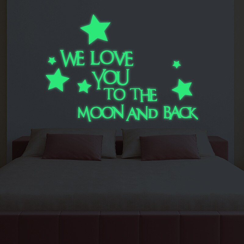 Pegatinas luminosas que brillan en la oscuridad, pegatinas de pared de estrellas, pegatina con cita We Love You To The Moon And Back, pegatinas de letras, decoración para la habitación de los niños