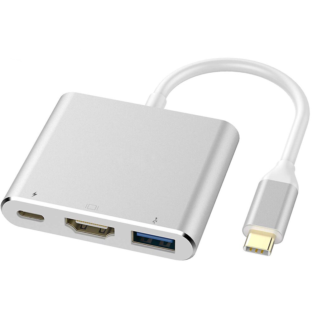 Adaptador HDMI 4K USB 3,0 tipo-c PD cargador portátil 3 en 1 USB 3,1 Adaptador convertidor HUB para ordenador Soporte para PC carga rápida PD: Plata