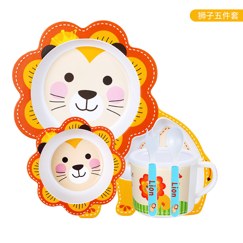 5 Pcs Dinnerware Set Bamboo Fun Flatware Set Cutlery Reusable Flatware with Plate Bowl Cup Spoon Fork Set KidsTableware Box: Gray