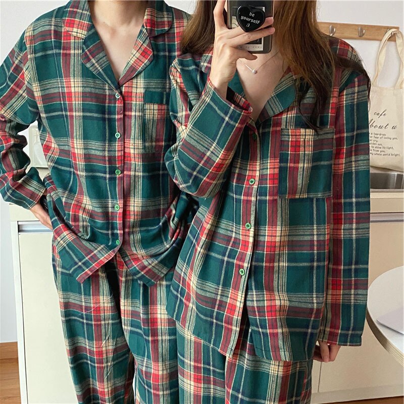 Pijama de algodón a cuadros para mujer, ropa de casa sencilla con pantalones de talla grande, ropa de dormir de manga larga para Otoño e Invierno