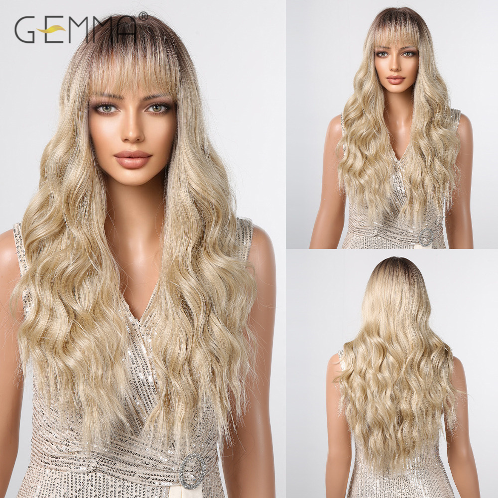 GEMMA Dark Brown Long Curly Synthetic Wig Deep Wave Cosplay Hair Wigs with Wavy Bangs for Women Daily Party Heat Resistant Fibre: T27/30/4