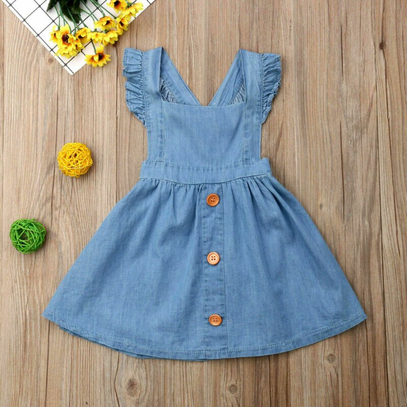Vestido de mezclilla de verano para niñas, sin mangas, con botones y volantes, Mini vestido de princesa, sin espalda, Ropa para Niñas, vestidos informales para niños